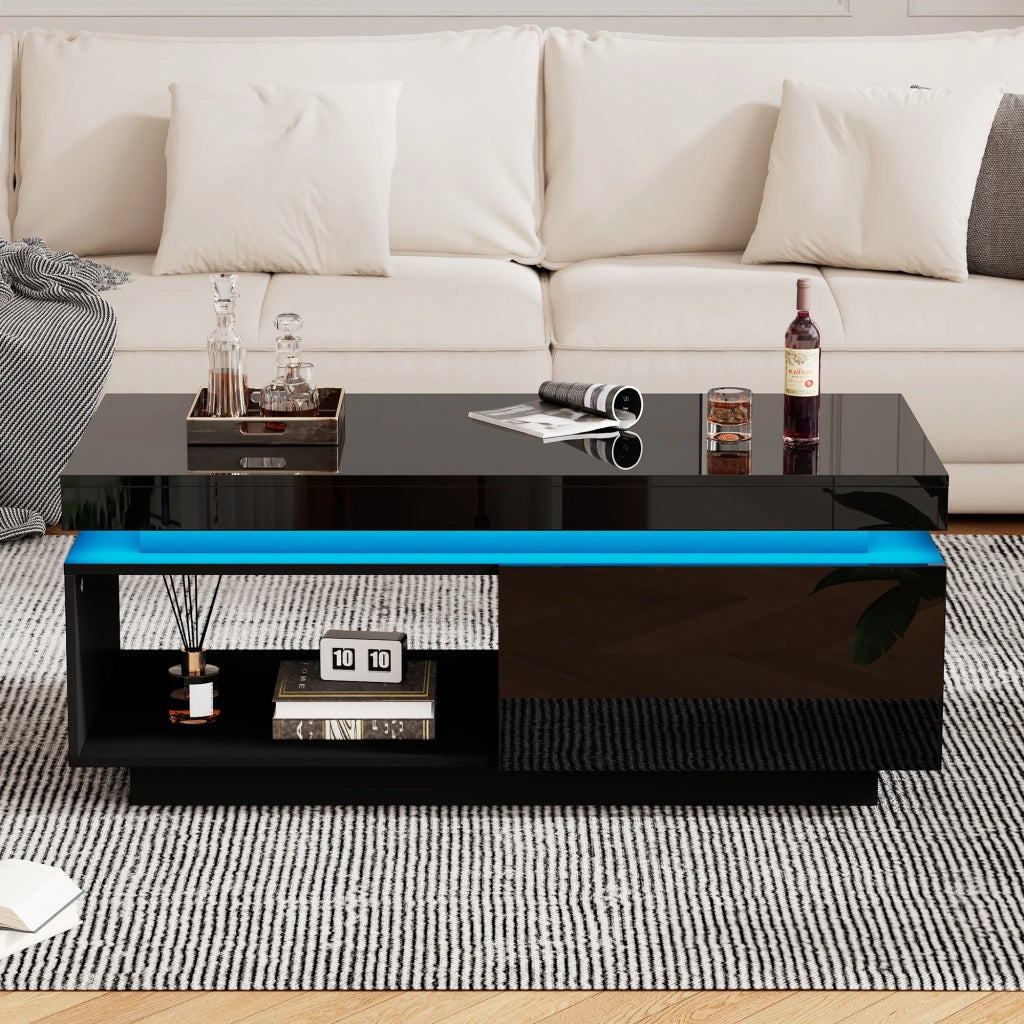 Tavolino da Salotto con 1 Cassetto e LED; Nero Lucido; Stile Moderno; in Pannello di Particelle; 100×50×40;3 cm