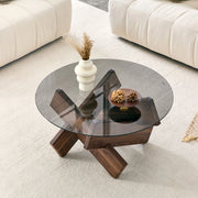 Tavolino da caffè rotondo 88.5x88.5x12.5 cm con piano in vetro temperato; MDF e vetro noce