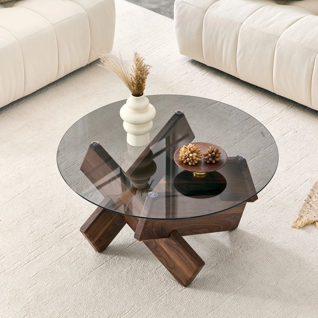 Tavolino da caffè rotondo 88.5x88.5x12.5 cm con piano in vetro temperato; MDF e vetro noce