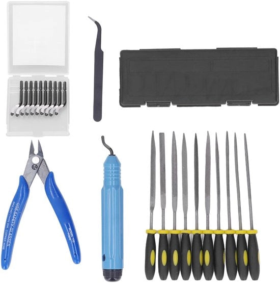 Kit di pulizia e finitura per stampa 3D - 13 strumenti per taglio e levigatura - 10 punte - pinza - per ABS e acciaio veloce - per pulizia e finitura