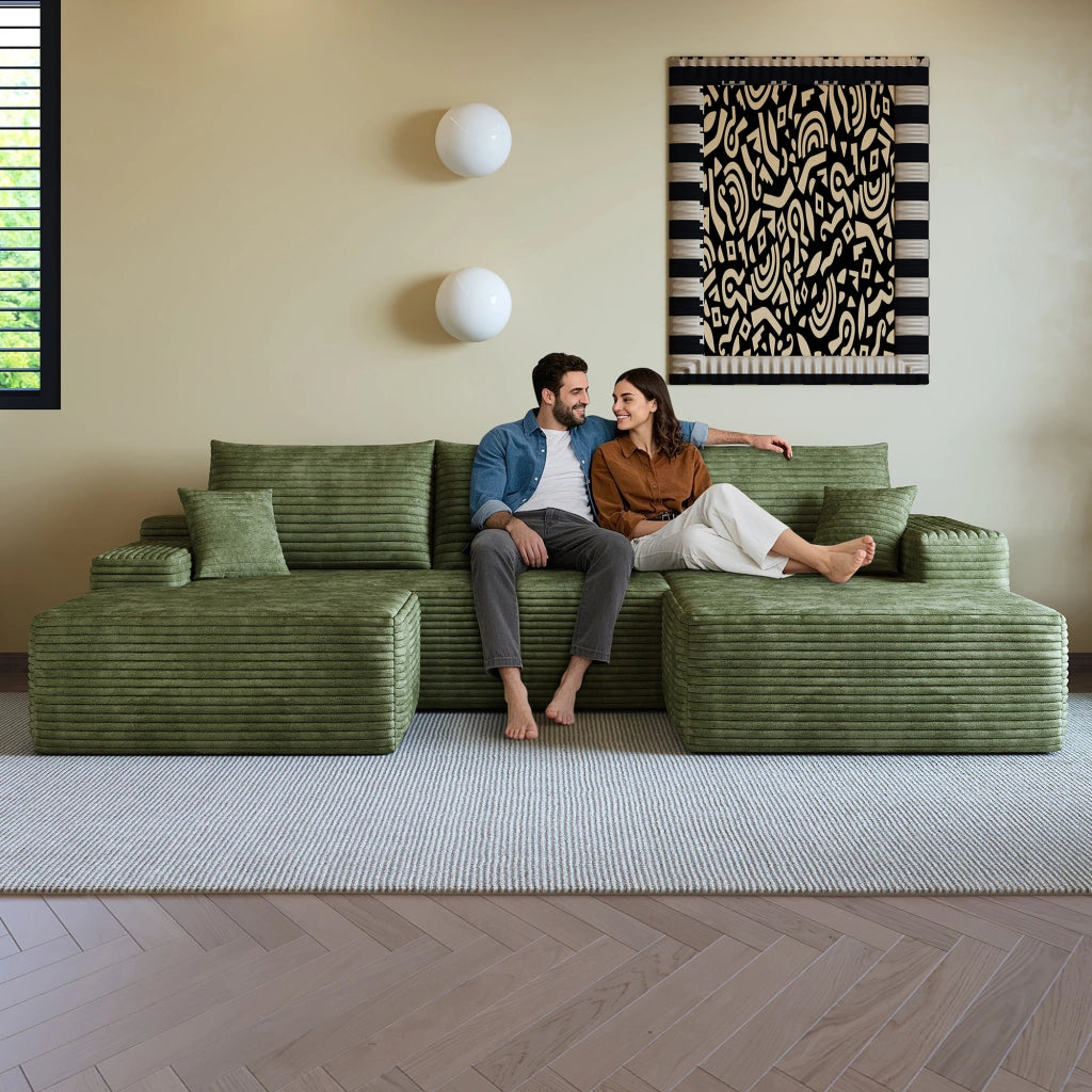 Divano angolare modulare con chaise longue a L e seduta profonda, senza attrezzi, in tessuto a coste verde