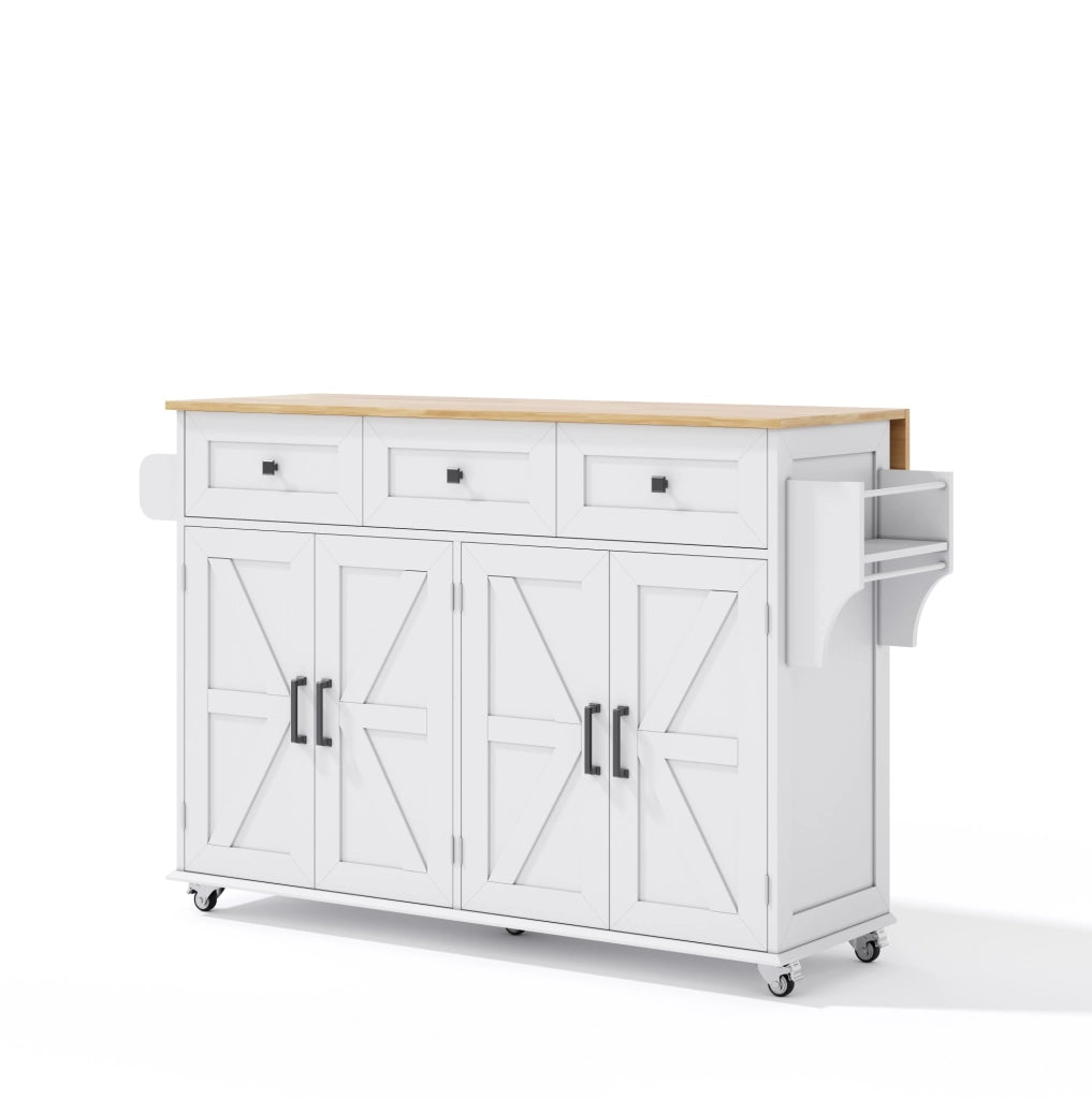 Isola da cucina 140x43(70)x90.5 cm con piano pieghevole; 4 ante e 3 cassetti in MDF bianco e naturale