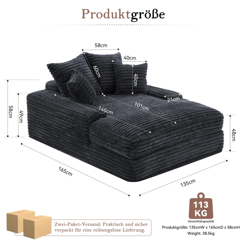 Méridienne in velluto a coste ergonomica senza montaggio con imbottitura in memory foam e 4 cuscini sfoderabili grigio
