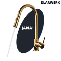 JANA | Rubinetto da cucina estraibile Premium in acciaio inox oro lucido miscelatore arco alto | gastro alta pressione ruotabile a 360° 2 attacchi