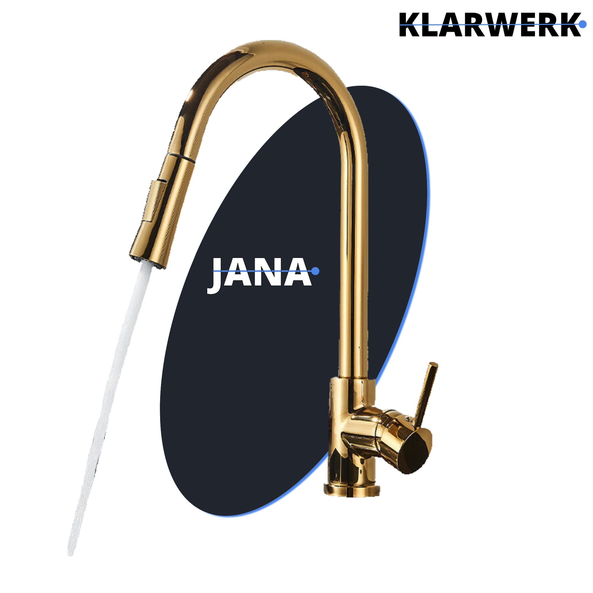 JANA | Rubinetto da cucina estraibile Premium in acciaio inox oro lucido miscelatore arco alto | gastro alta pressione ruotabile a 360° 2 attacchi