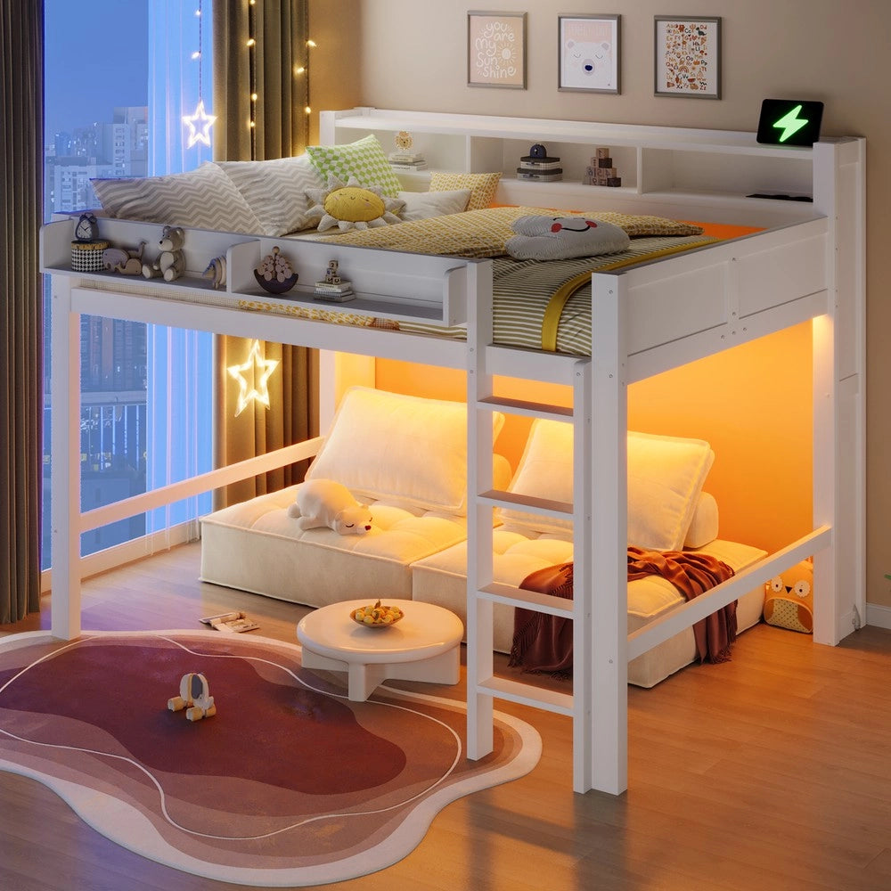 Letto a Soppalco in Legno con LED e USB ¨C MINIMAL ¨C Bianco 140x200 cm