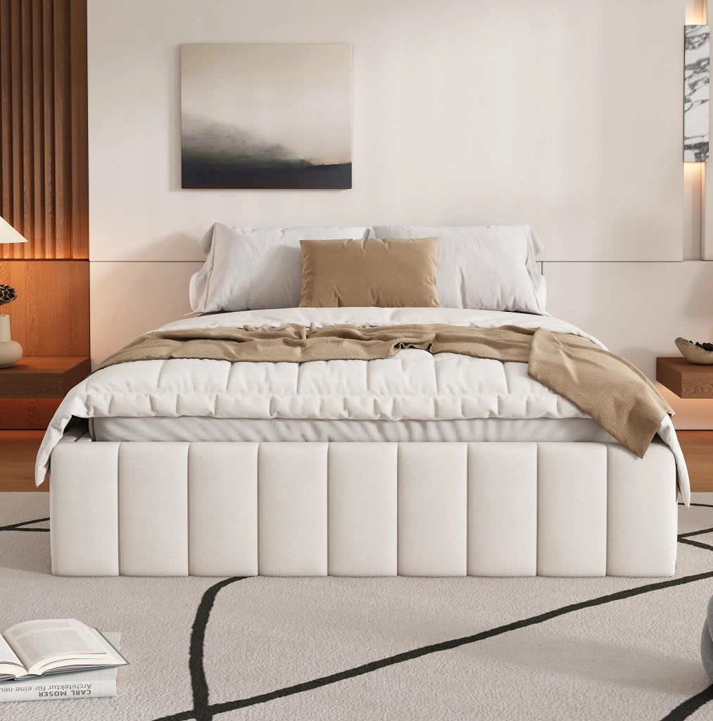 Letto imbottito 140x200 cm con 4 cassetti; senza testiera; velluto beige (Senza materasso)