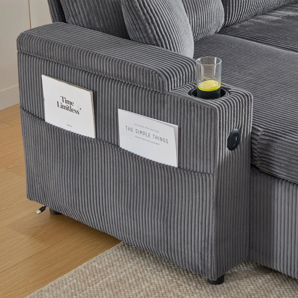 Divano a 4 posti in corduroy grigio carbone con doppia chaise longue, contenitore, USB-C e portabicchieri