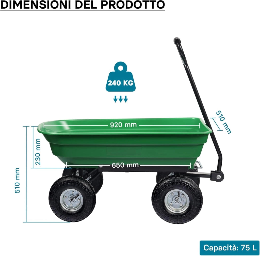Carrello da giardino ribaltabile, capacità 75 l, portata max 240 kg, Carretto a mano Carriola