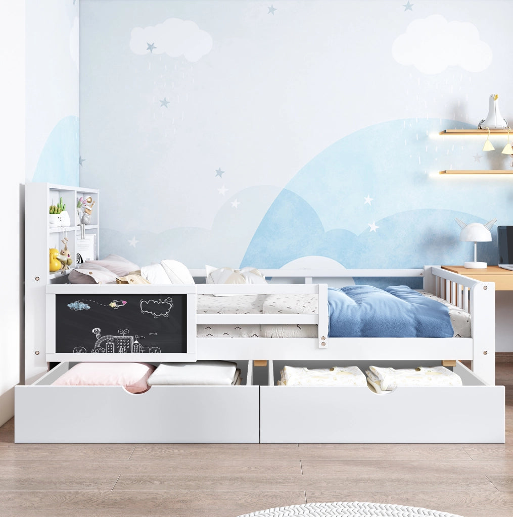 Letto per bambini 90x200 cm in legno massello e MDF; bianco; con lavagna e 2 cassetti