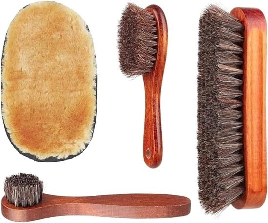 Kit di pennelli a spazzola con setole di cavallo per la lustratura di stivali, scarpe, sedili di auto, divani - 4 pezzi