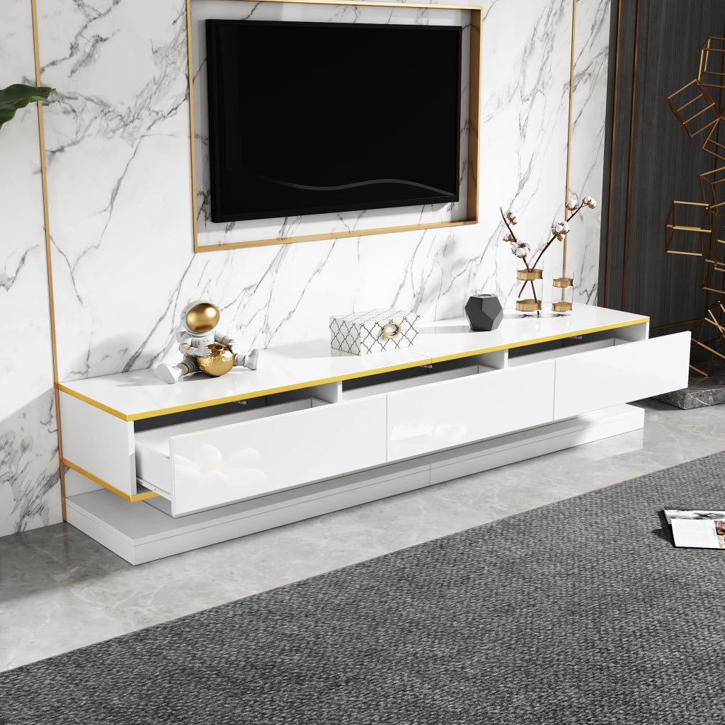 Mobile porta tv 200 cm bianco lucido con 3 cassetti e bordo dorato