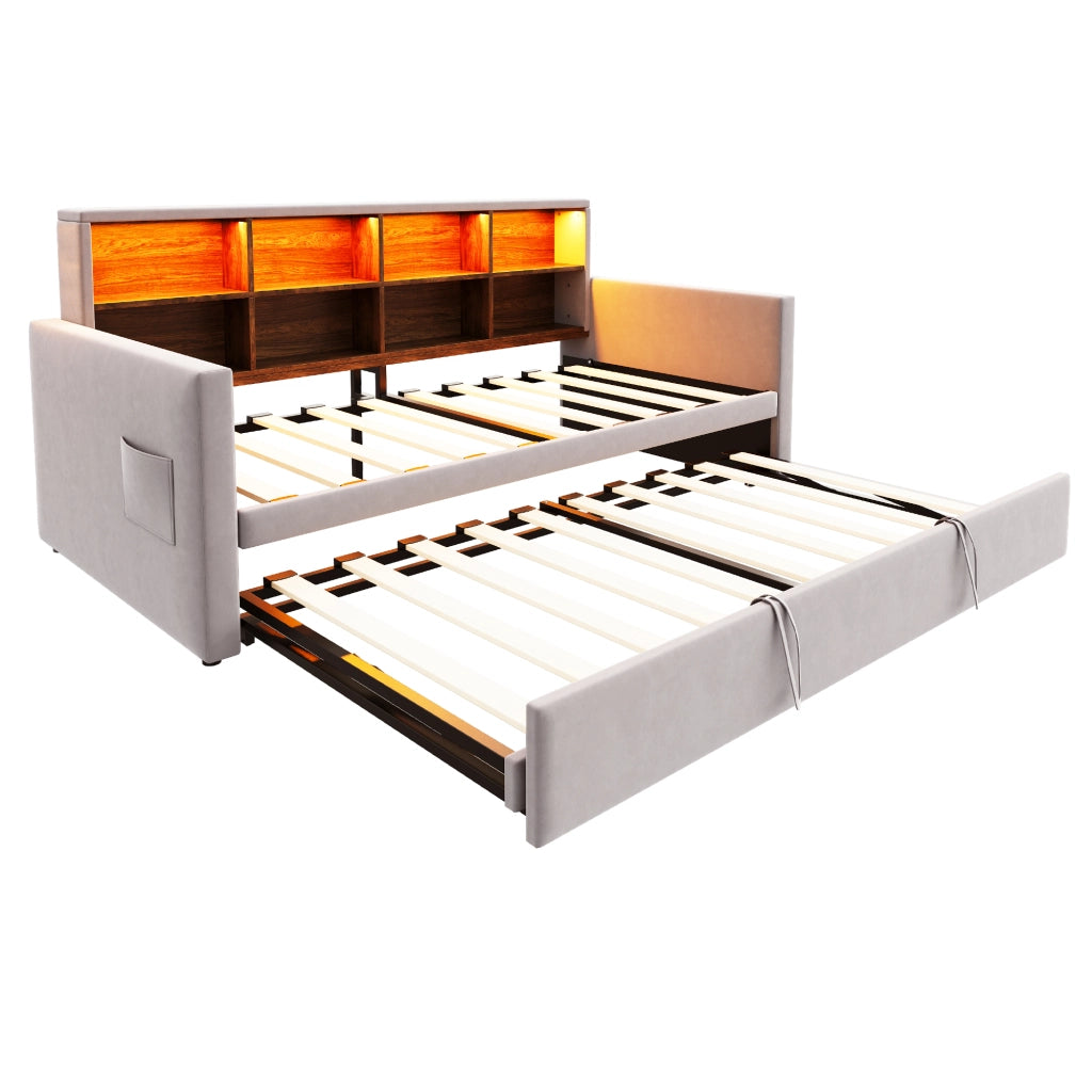 OKWISH Letto Divano Letto Singolo, Cassetti, LED, USB e Tipo C, 90 x 190 cm, senza materasso, Velluto Grigio Chiaro