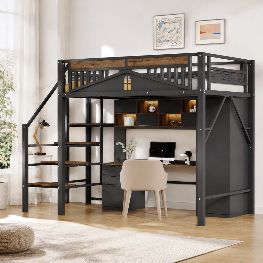 LETTO a soppalco 140x200 cm in metallo e legno nero con scala di sicurezza