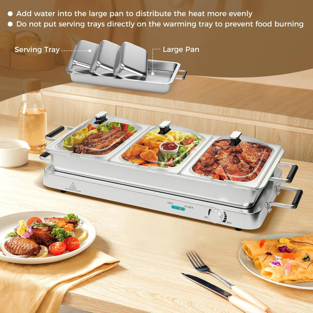 Scaldavivande Elettrico per Buffet 9L 450 W, Vassoio Scalda Vivande in Acciaio Inox con 3 Contenitori & Coperchi, Borsa, Temperatura 50-150℃, per Feste, Matrimoni, Ristoranti