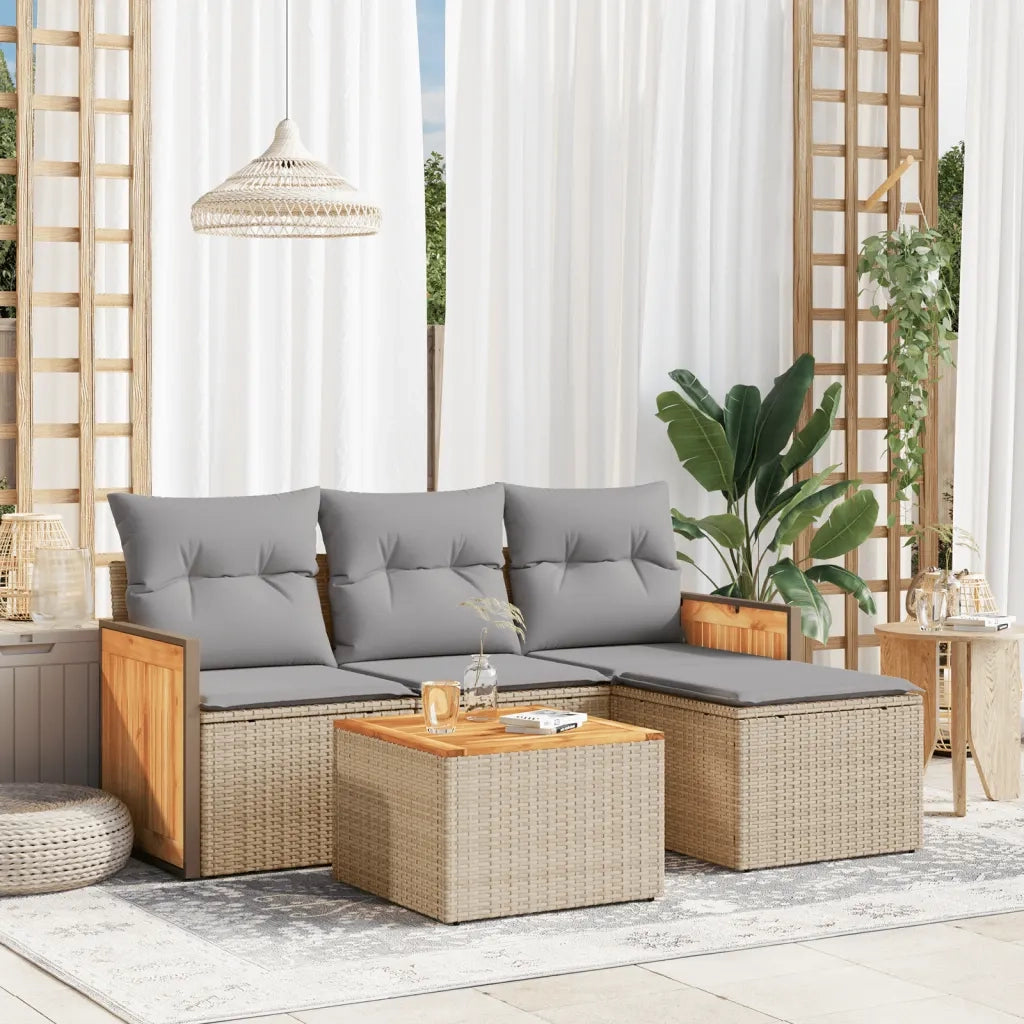 Set Divano da Giardino 5 pz | Set Salotto da Giardino con Cuscini Beige in Polyrattan