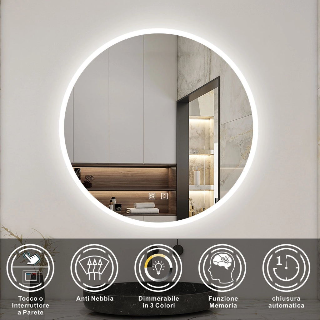 Aica Specchio da bagno a LED+Diametro 70cm+3 Temperature di Colore+Funzione Antiappannamento+Moderno