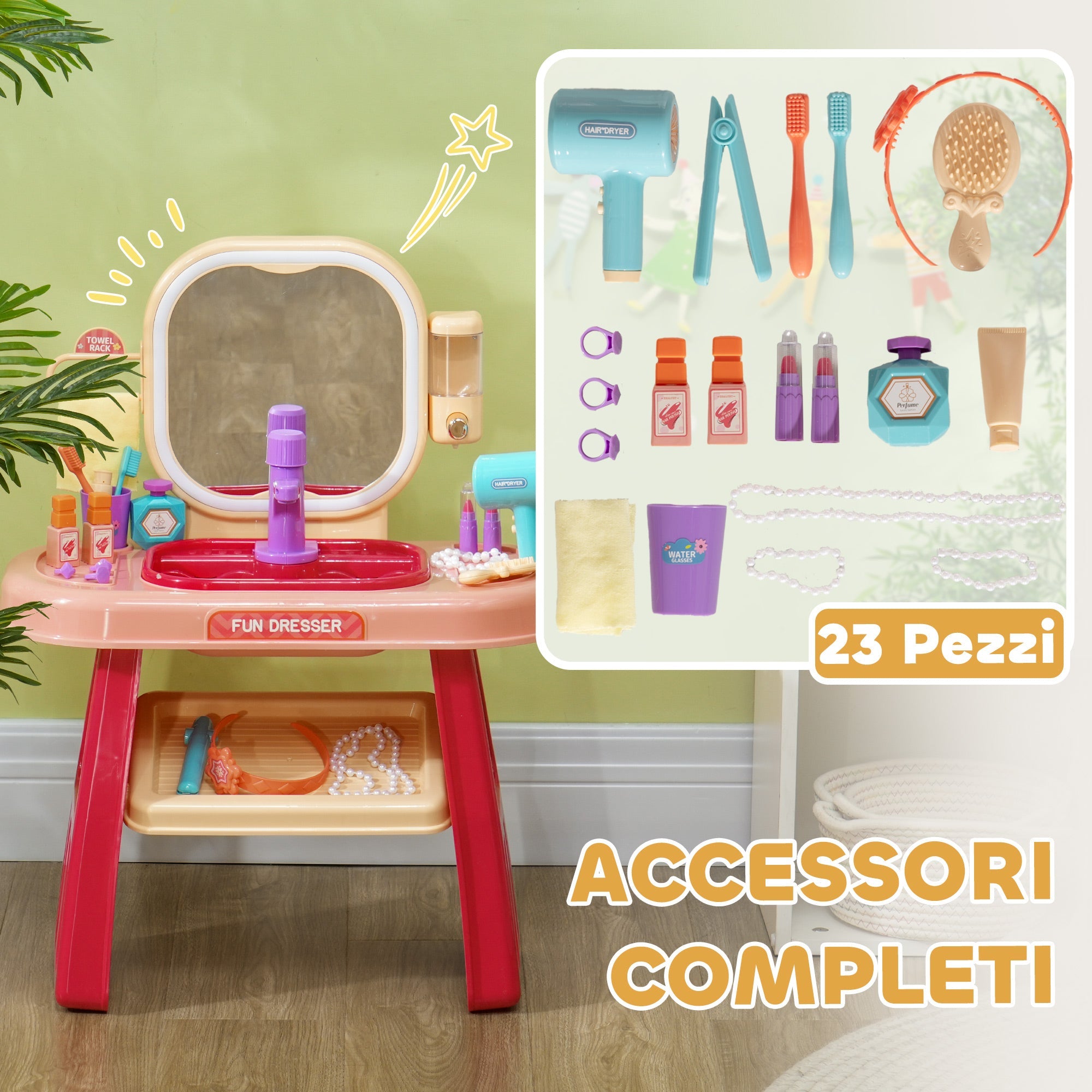 Specchiera Giocattolo per Bambini Tavolo Toeletta con Accessori e Rubinetto Rosa
