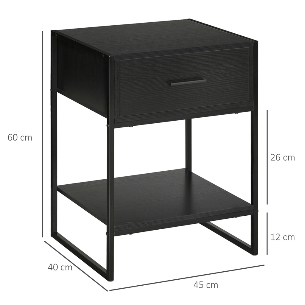 Set 2 Comodini 1 Cassetto 1 Ripiano 45x40x60 cm in Acciaio e Truciolato Nero