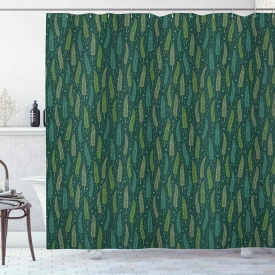Douchegordijn tropicale con foglie di Hawaii - Set di decorazioni per la doccia in tessuto con ganci - Verde scuro - 175 x 200 cm