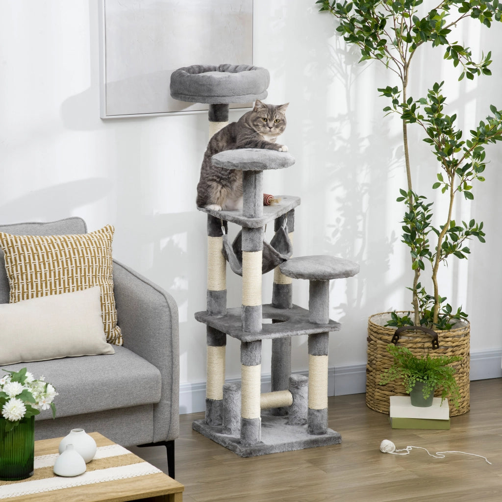 Albero Tiragraffi per Gatti 4 Livelli con Amaca e Piattaforme ¨C zephmum ¨C Grigio 132cm