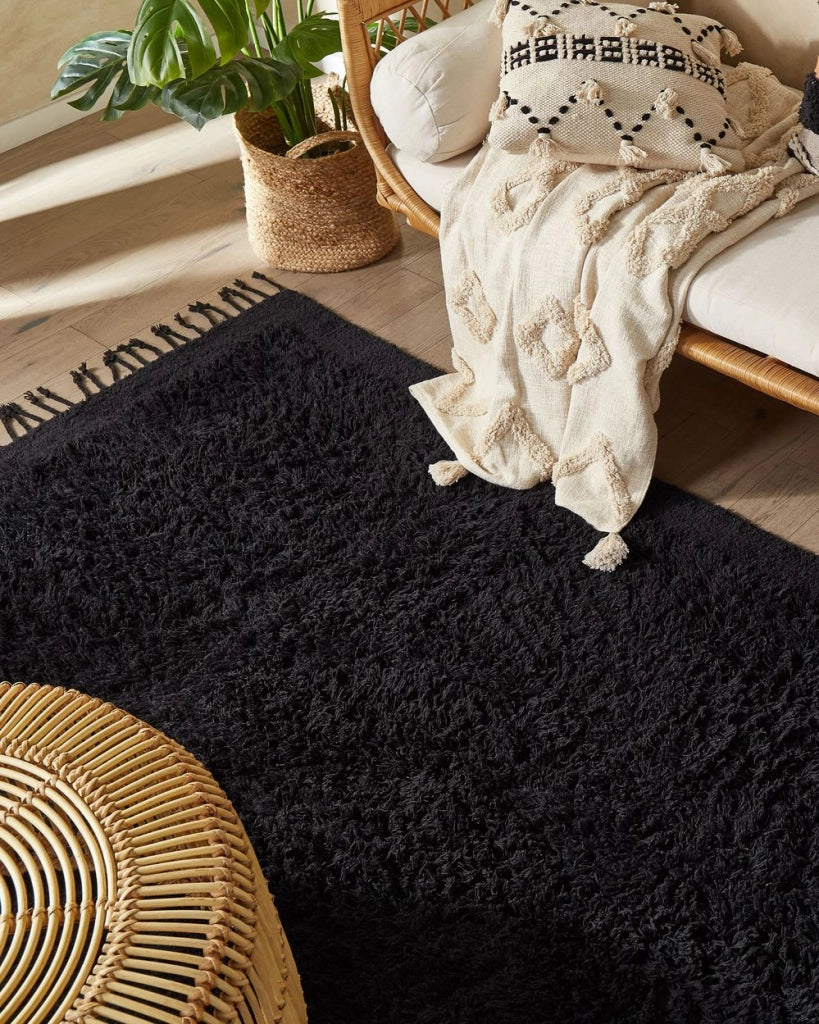 Tappeto rettangolare in cotone nero 140 x 200 cm con frange boho soggiorno camera da letto