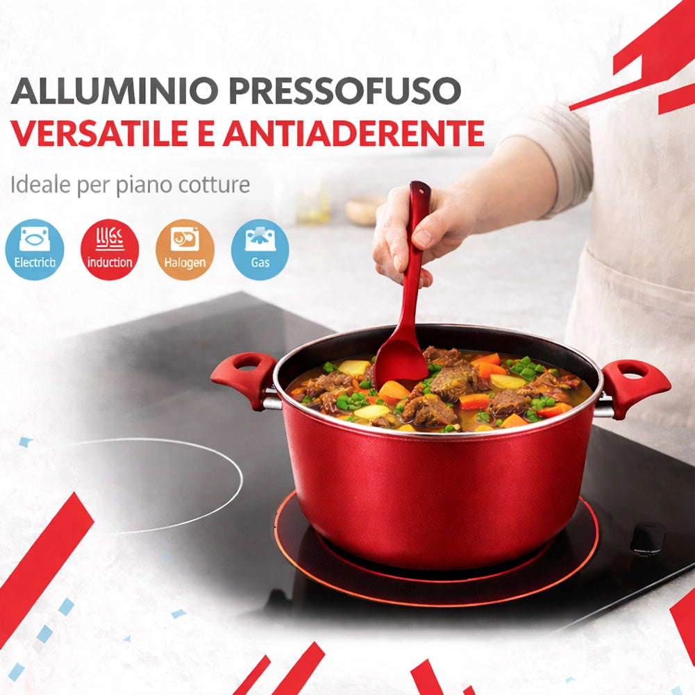 Set 3 Casseruole Milena Rosso con Coperchi e Mestoli Piano Cottura Universale