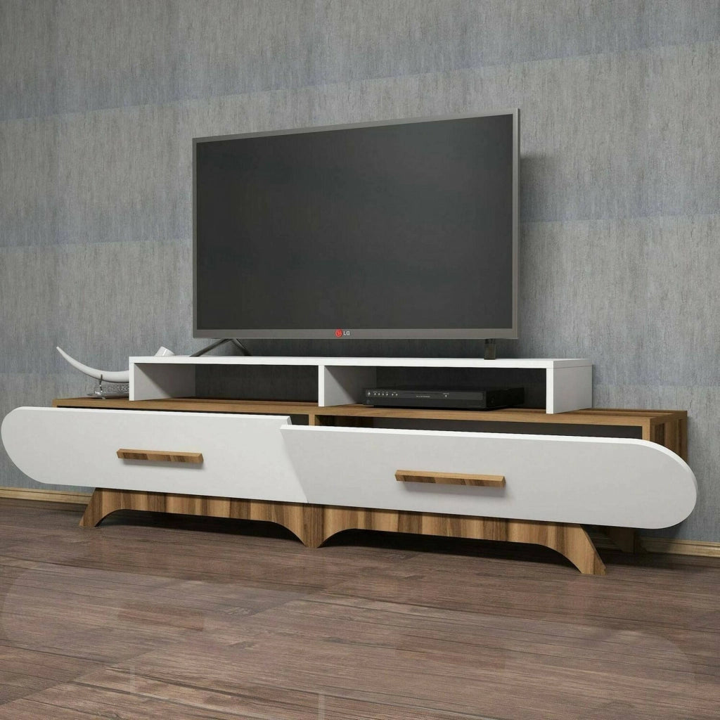 Mobile porta TV Massima, Credenza da soggiorno, Armadio basso per TV, Base parete attrezzata, 205x37h50 cm, Noce e Bianco
