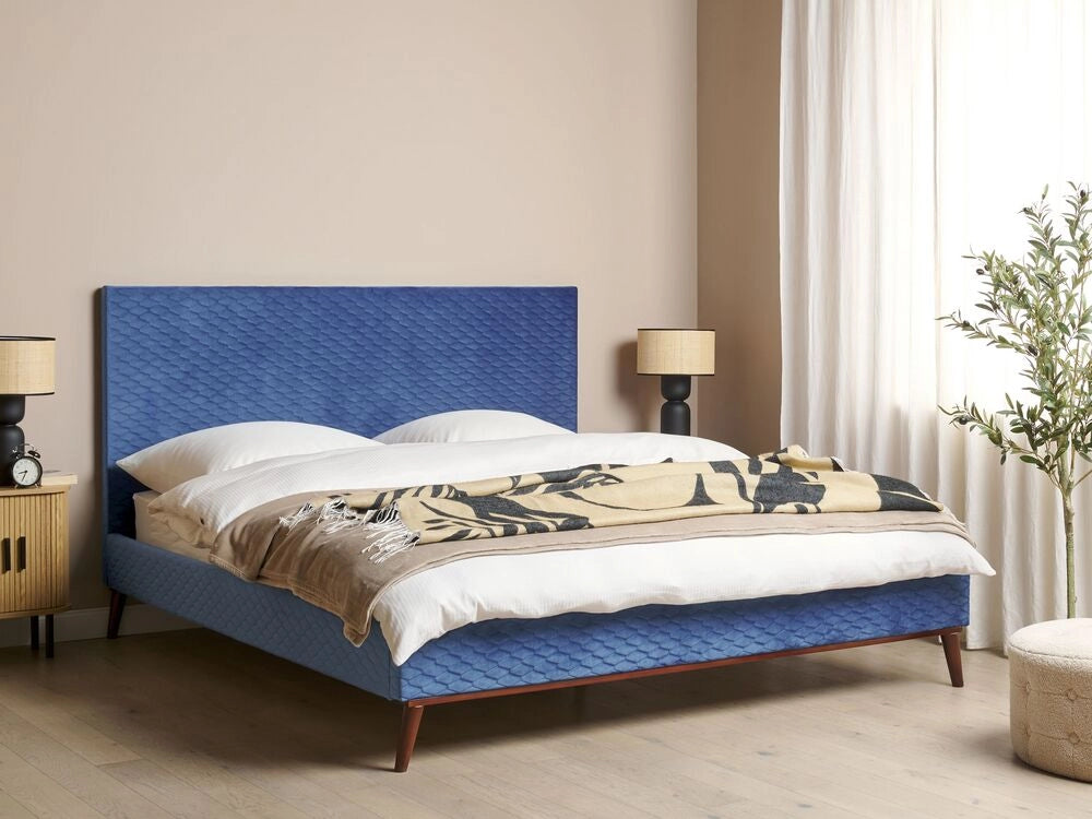 Letto imbottito in velluto blu 180 x 200 con struttura imbottita a nido d'ape trapuntato stile classico