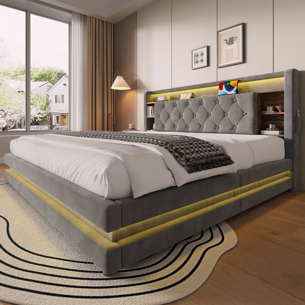 LETTO Contenitore 180x200 cm Velluto Grigio Scuro con testiera multifunzione
