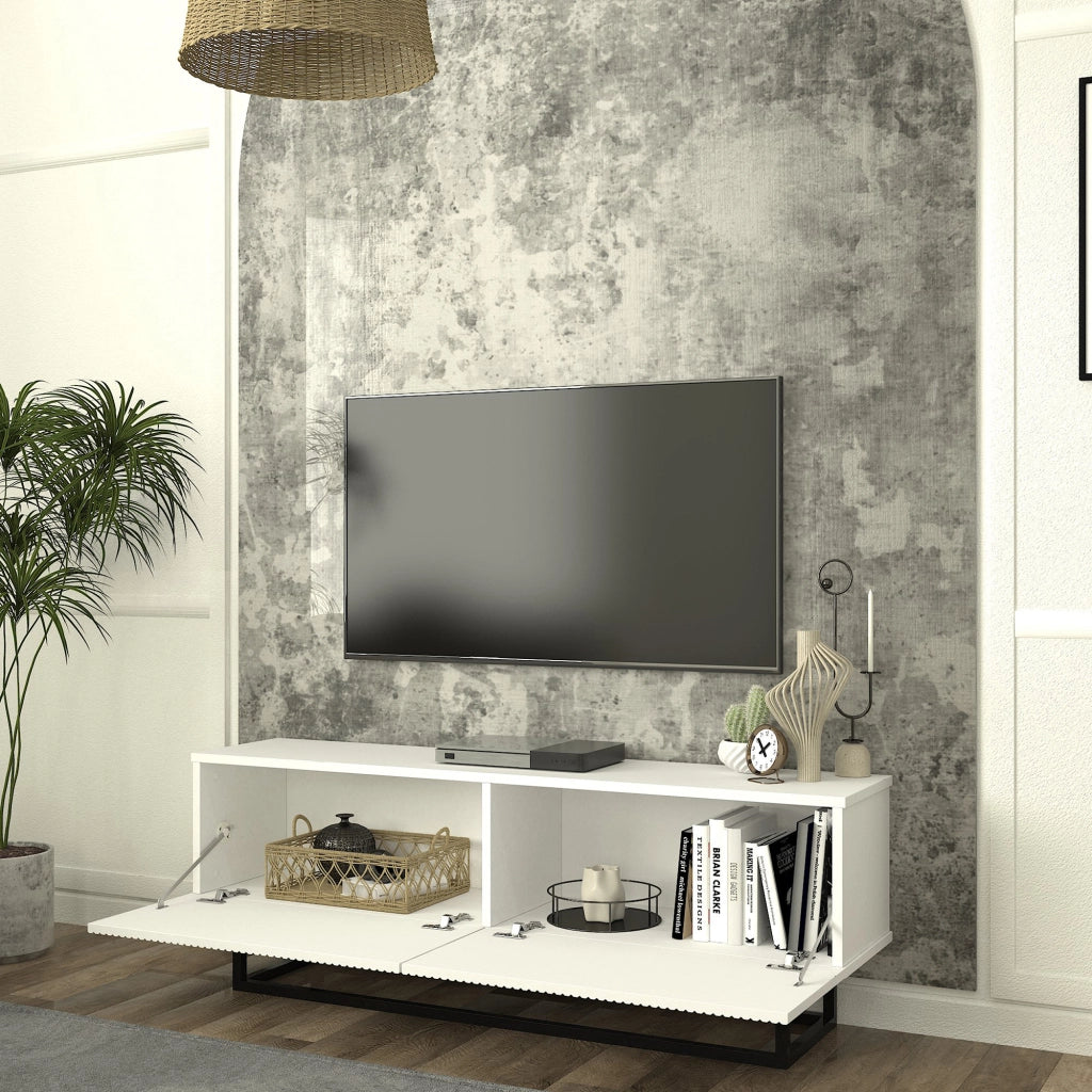 Mobile Porta TV Verpsboga a 2 Ante Decorative e Telaio in Metallo 135x32x47 cm - Bianco [en.casa]