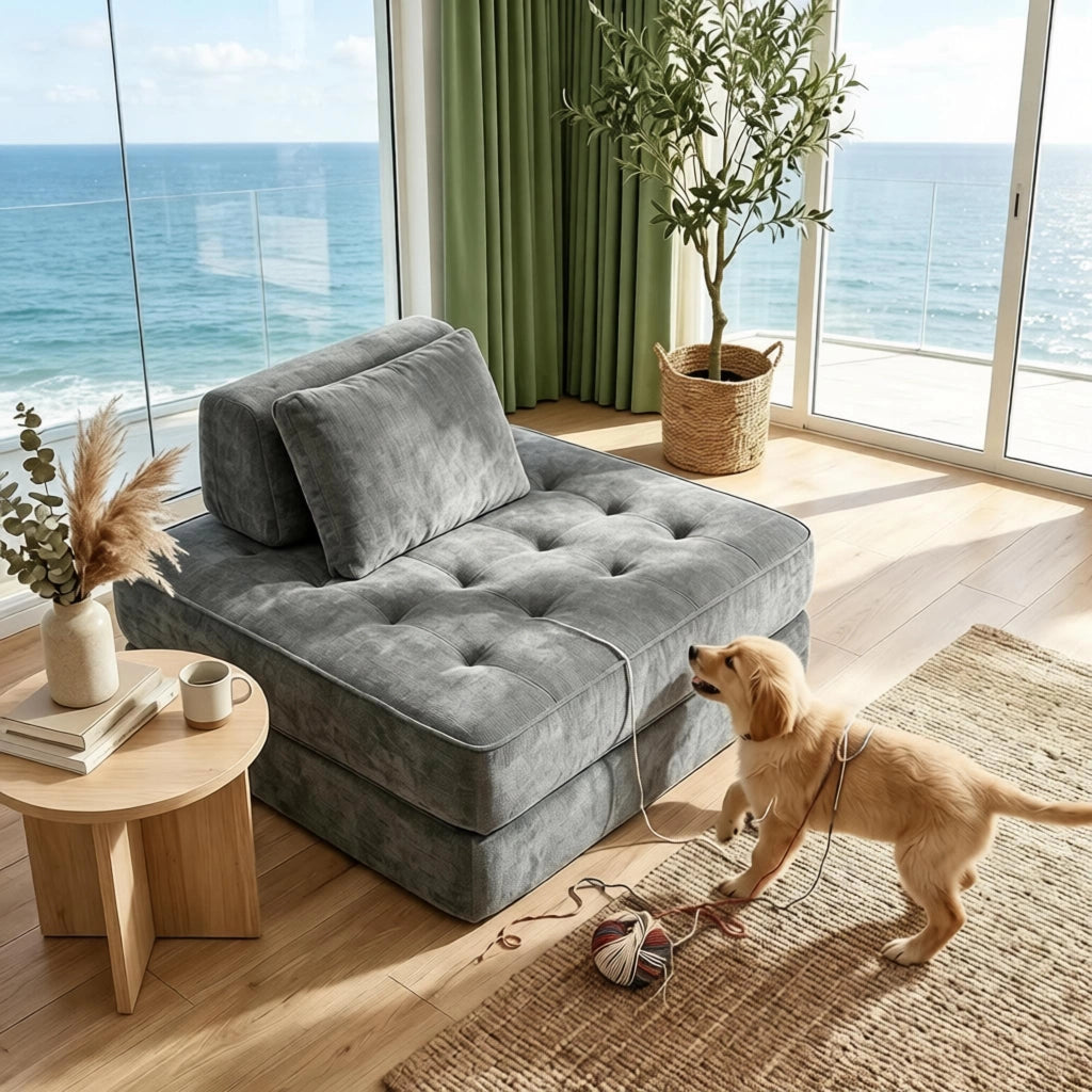 Poltrona letto convertibile 1 posto con cuscino e supporto trapezoidale in chenille grigio 97 × 97 × 70 cm