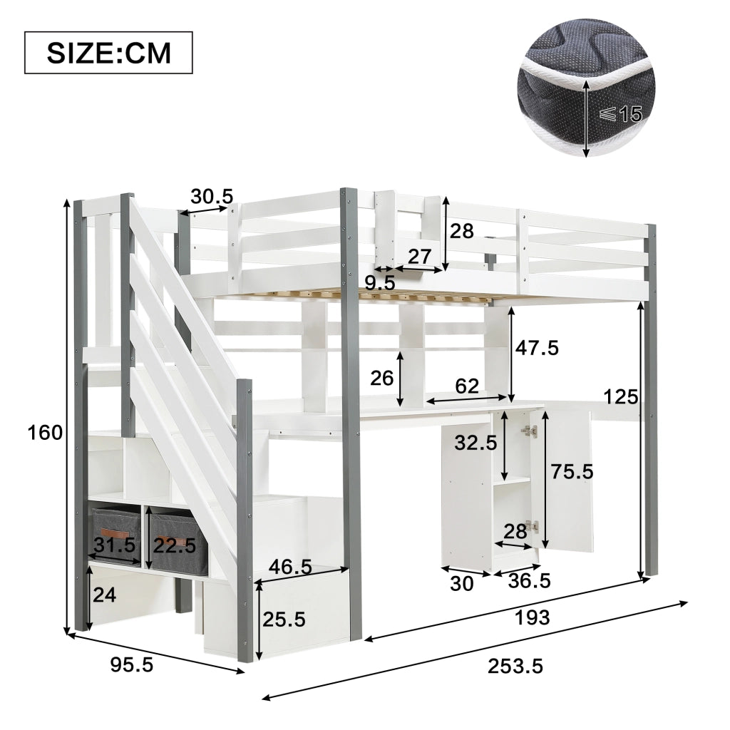 Letto a castello bianco grigio con funzione contenitore in legno e MDF 90x200 cm