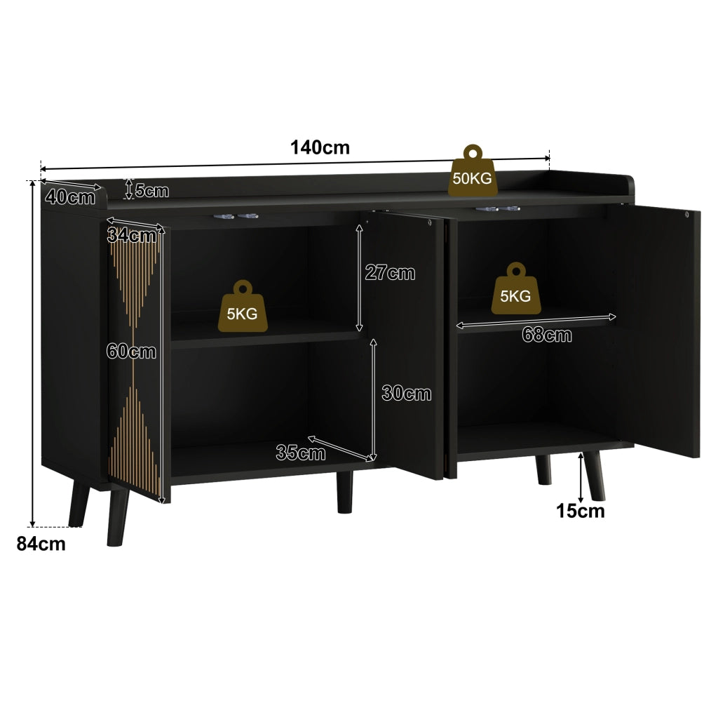 Credenza da cucina con 4 ante e ripiani regolabili 140 x 40 x 84 cm; in MDF nero