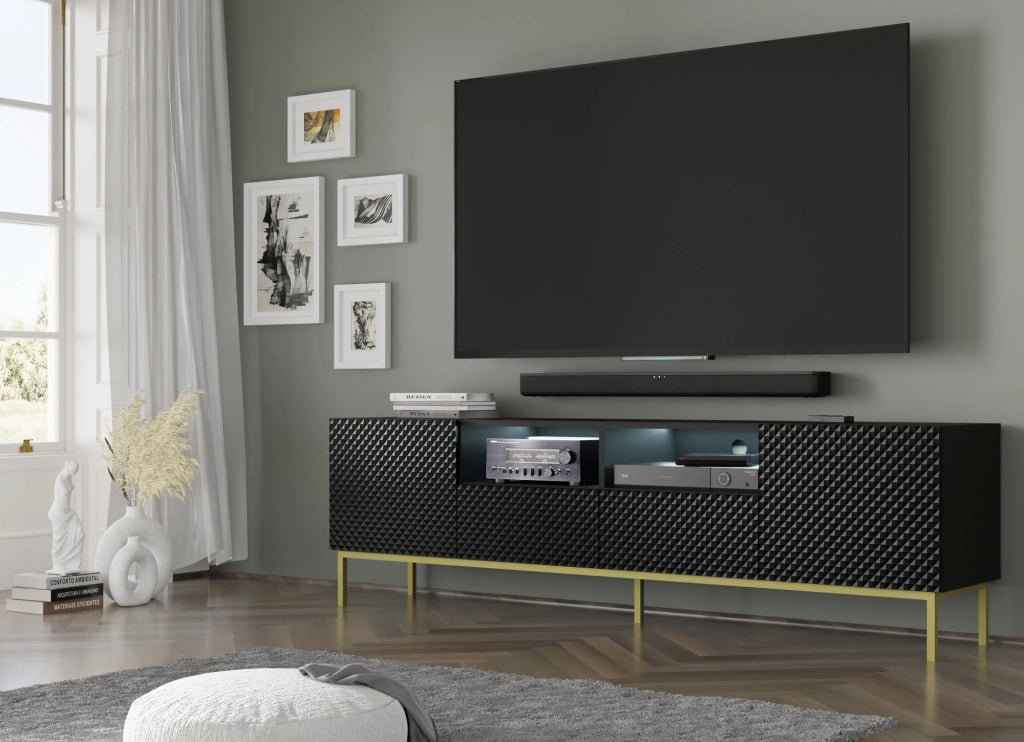 PORTA TV RAVENNA CCK DIAMOND MDF HG TV STAND 2D2S 200 NERO OPACO NERO LUCIDO TELAIO ORO