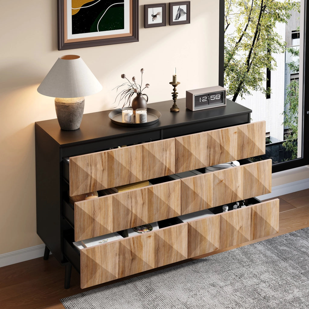 Sideboard moderno 120x40x85 cm con 6 cassetti; finitura naturale e nero; in MDF e truciolare
