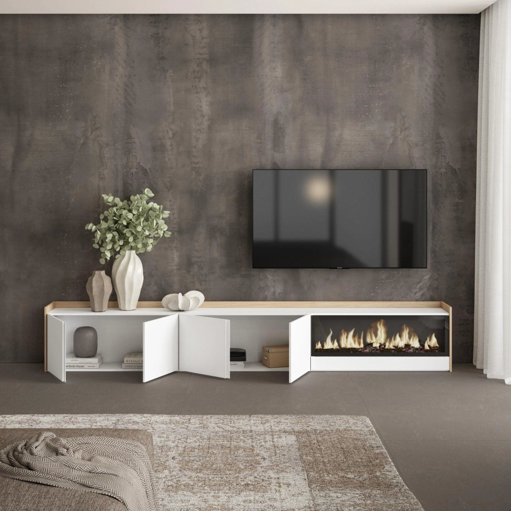 Mobile TV Soggiorno, 315x50x35 cm, Per TV fino a 80", Camino elettrico XXL, Bianco e Rovere soft