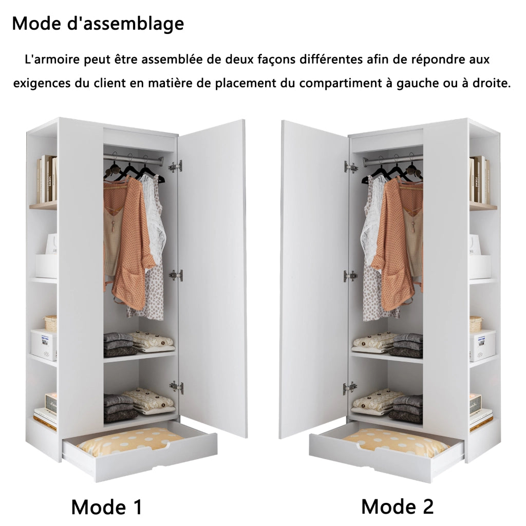 Armadio con ripiani e cassetti 70×40×170 cm a un'anta; senza materasso; legno; bianco