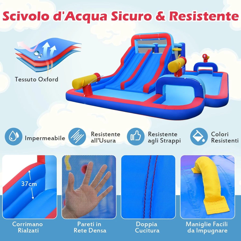 Parco Gonfiabile Scivolo d'Acqua, Grande Castello Gonfiabile con Doppio Scivolo, Piscina d'Acqua, Area Salto, Parete Arrampicata, Canestro da Basket e 3 Cannoni d'Acqua, 646 x 418 x 211 cm