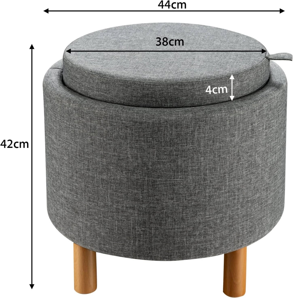 Pouf con Spazio di Archiviazione, Poggiapiedi Rotondo con Vassoio Reversibile e Spazio di Stoccaggio Nascosto, Pouf Imbottito Multifunzionale per Camera da Letto, Soggiorno, Ufficio (Grigio)