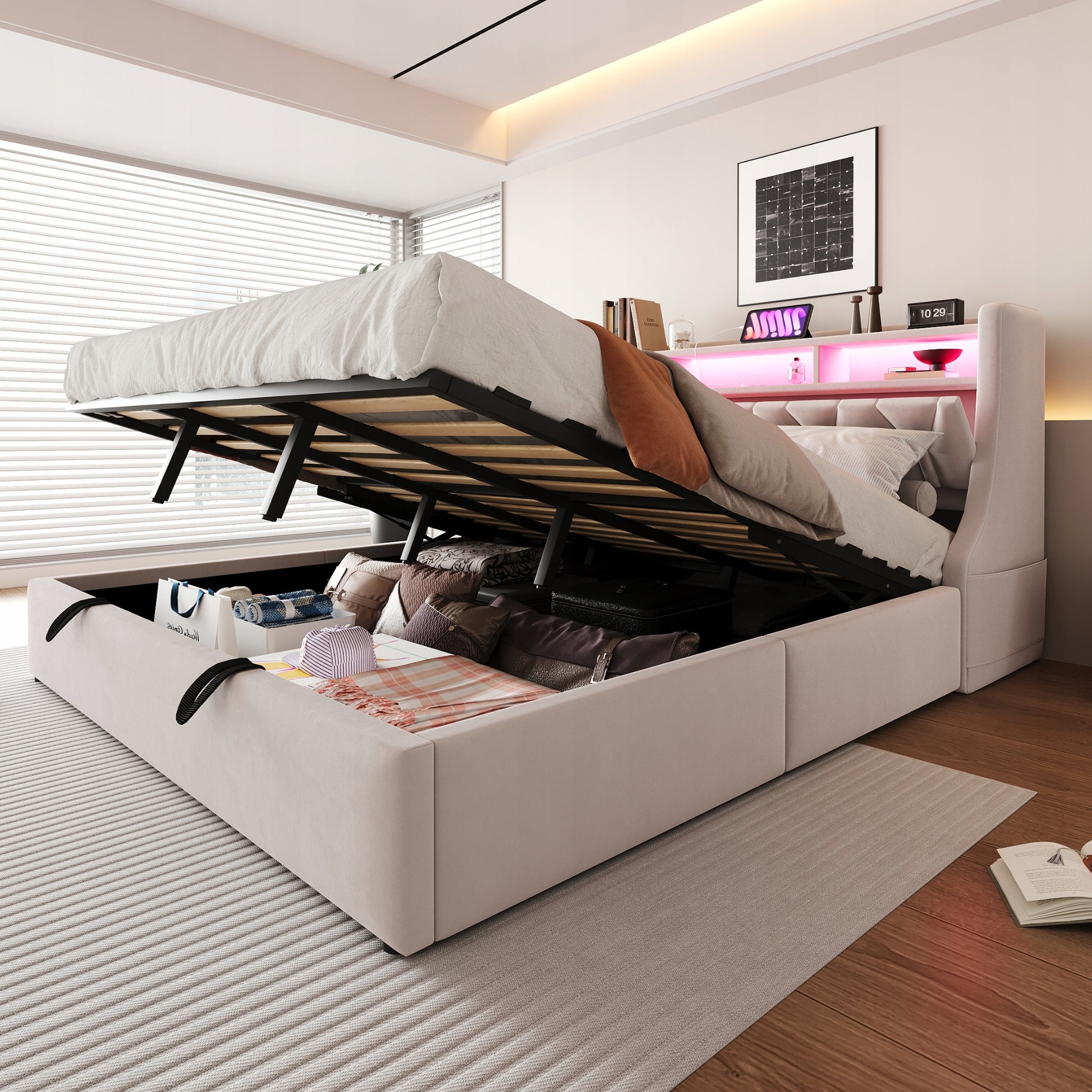 Letto imbottito matrimoniale - Xylo - 180x200 cm - Grigio - Base idraulica