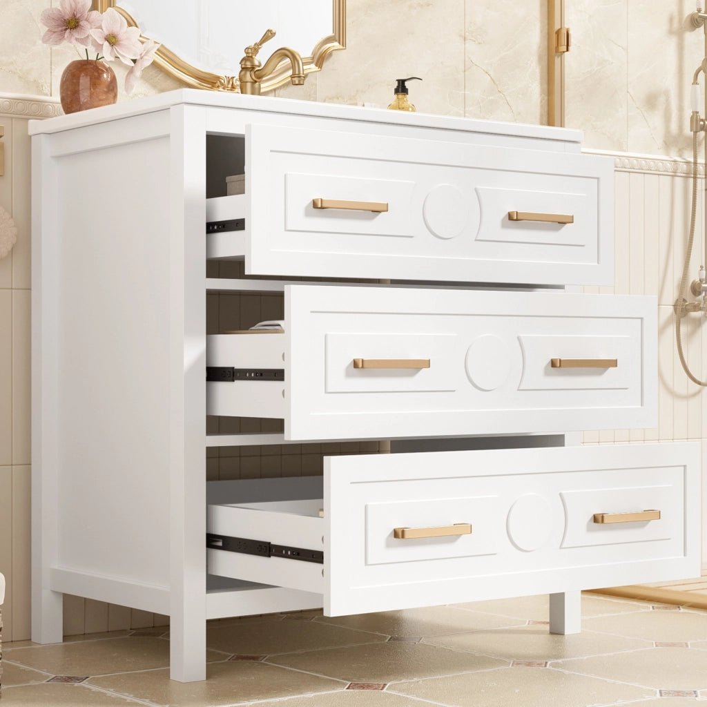 Mobile sottolavabo con 3 cassetti e lavabo in ceramica, finitura laccata, per bagno, bianco, 76,5 × 47 × 82 cm