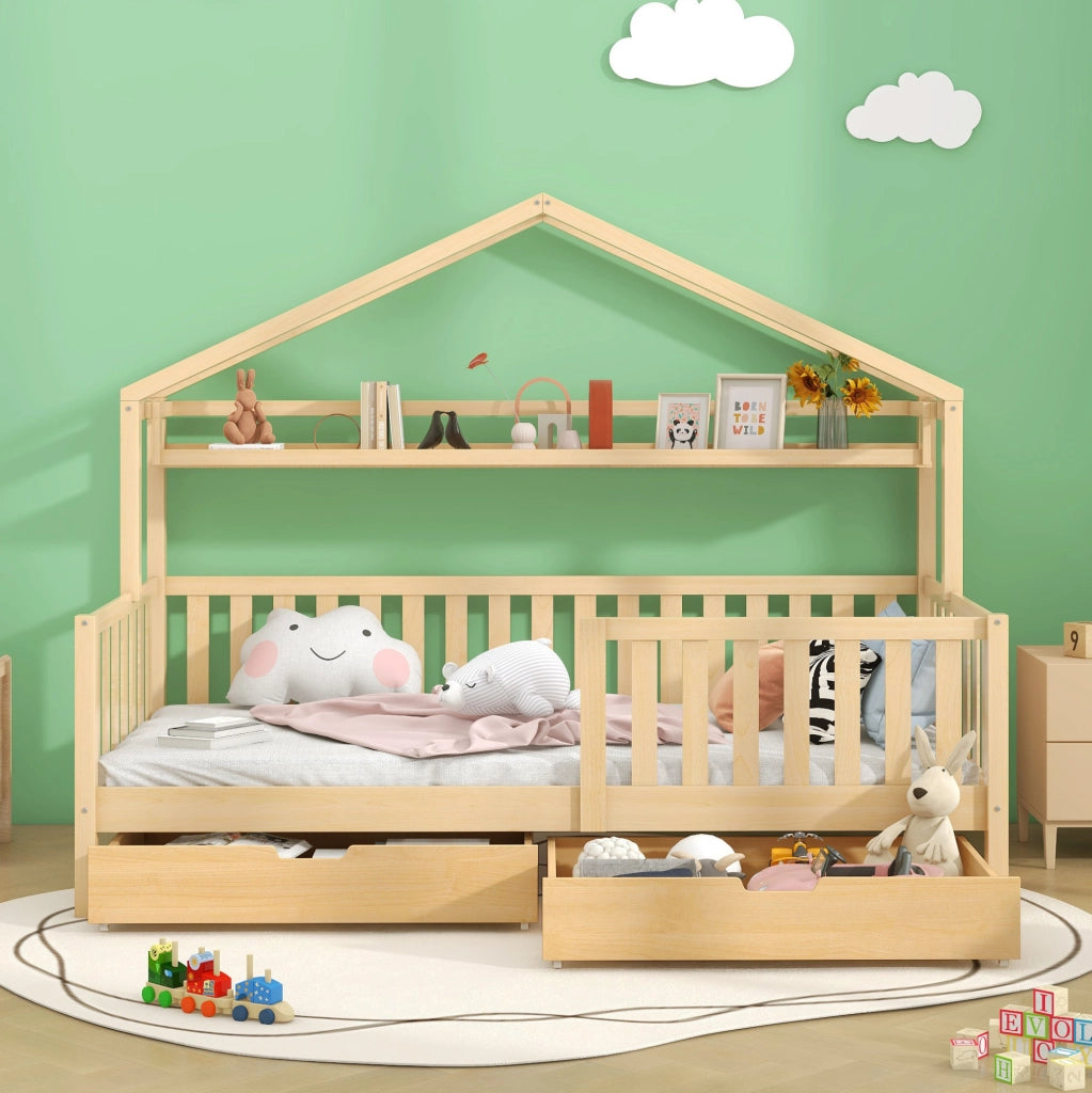 Letto a casetta per bambini 90x200 cm con cassetti; legno; colore naturale (Senza materasso)