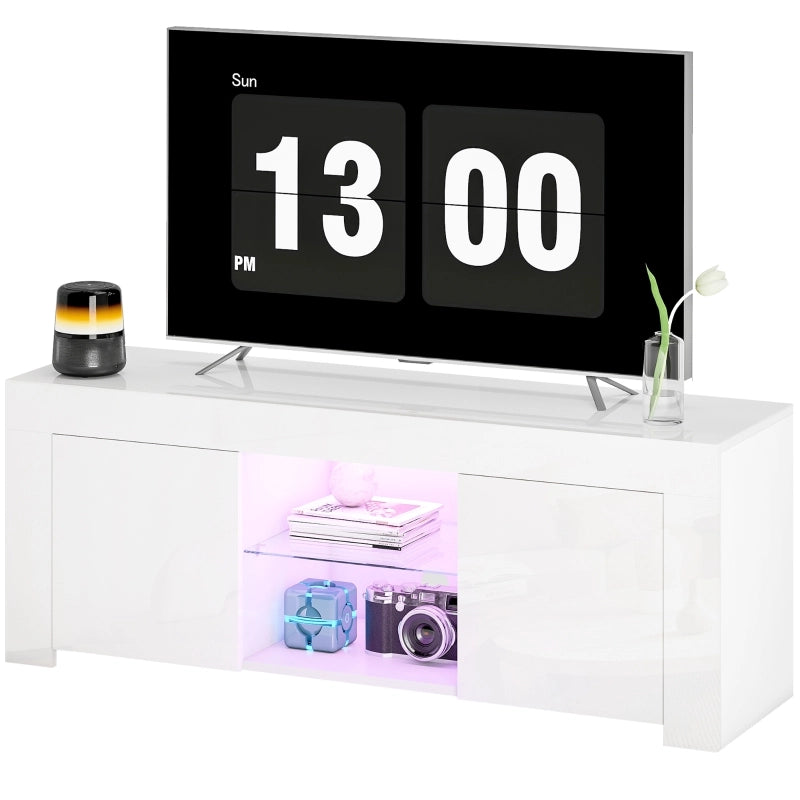 TV-Schrank con LED RGB, 2 armadi chiusi, 2 ripiani aperti centrali, passacavi, vetro, bianco