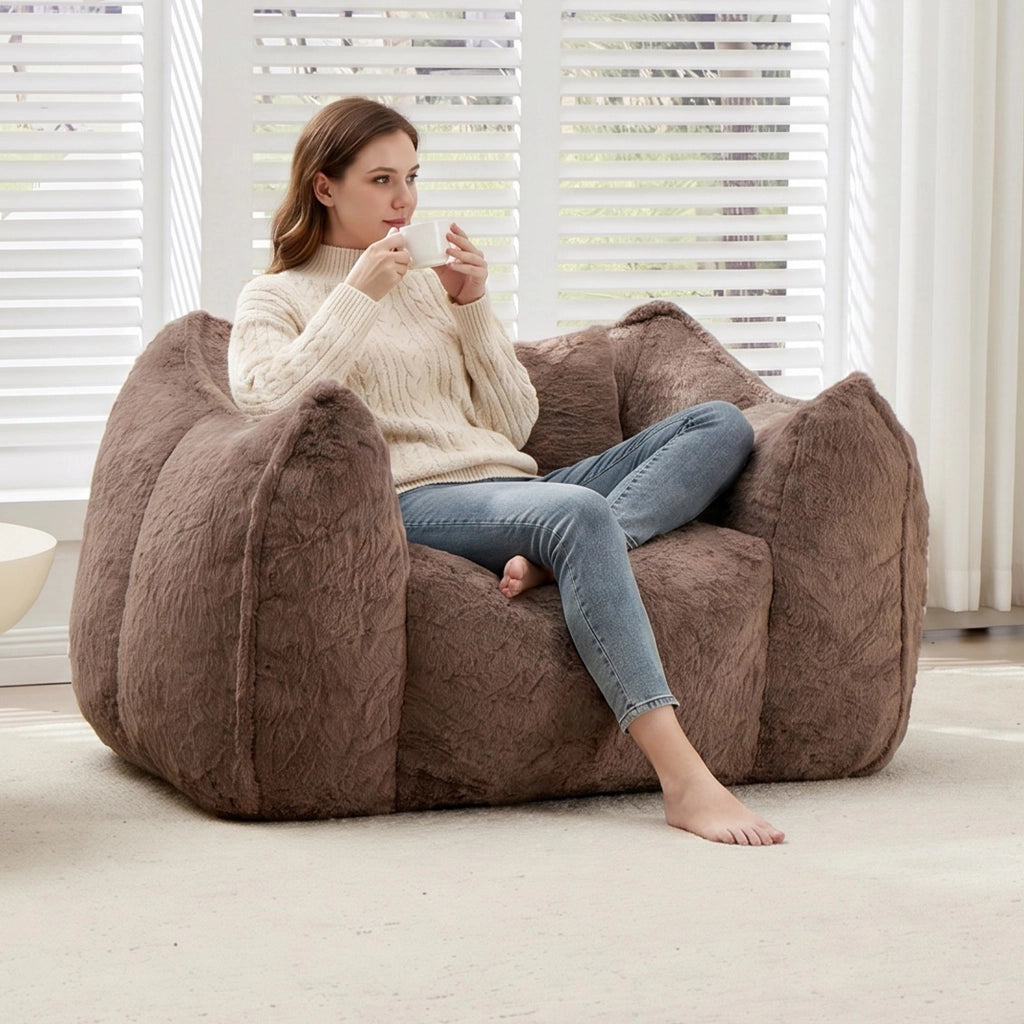 Fauteuil pouf in pelliccia sintetica con schienale ergonomico e imbottitura in schiuma, per salotto e camera da letto, khaki