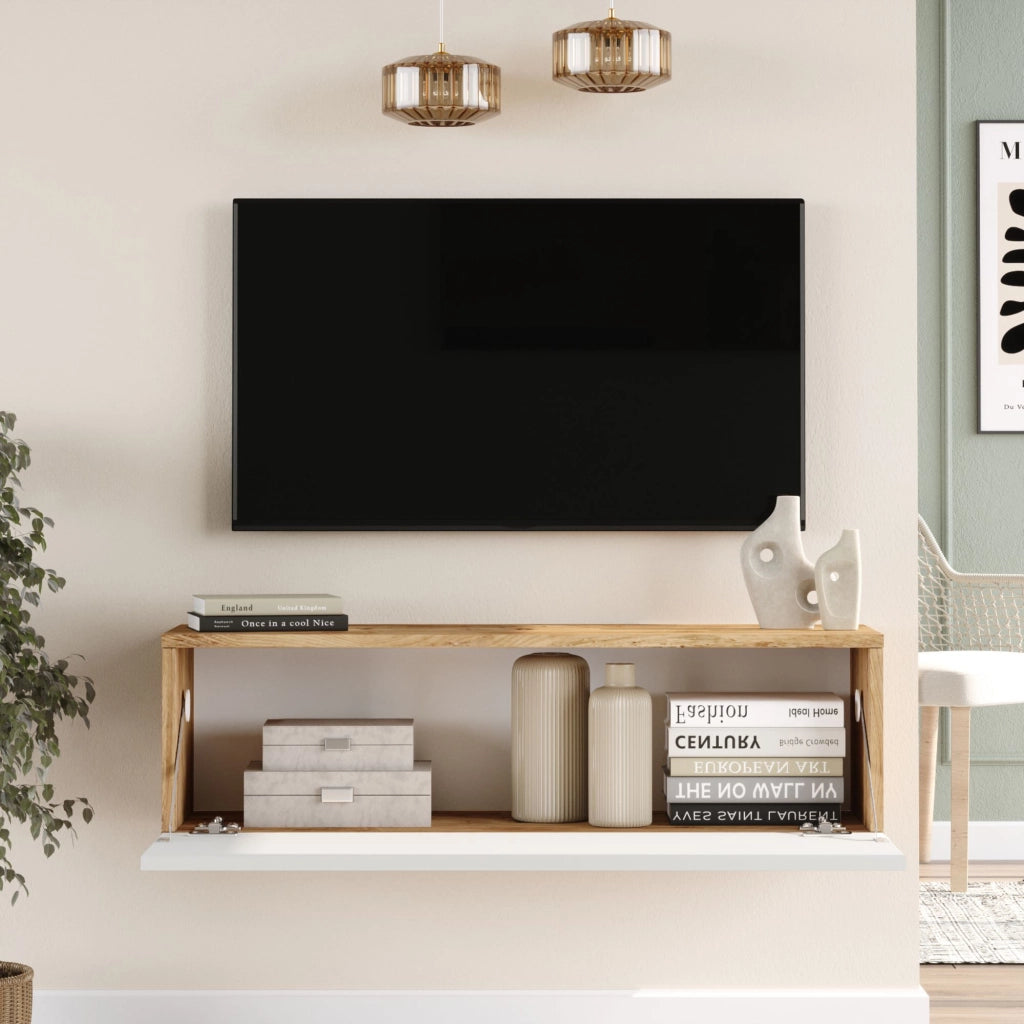 Mobile Porta TV Lapinlahti con Anta a Ribalta Consolle da Parete 100 cm - Rovere Rustico/Bianco [en.casa]