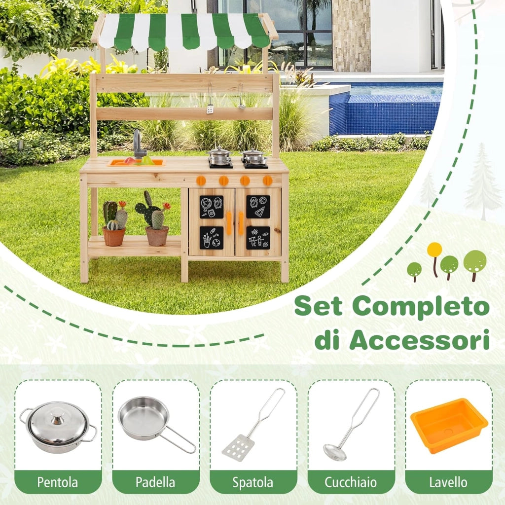 Cucina Giocattolo per Giardino in Legno di Abete, Cucina per Fango da Esterno con Tettoia, Fornelli, Ganci, 4 Lavagne e Lavello, Set Cucina con 5 Accessori, 88 x 39 x 117 cm