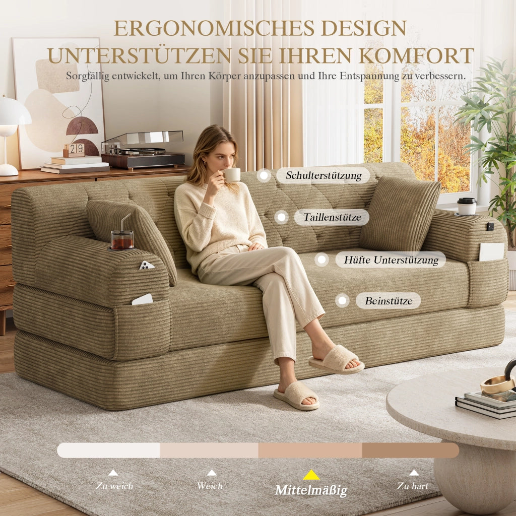 Divano letto compatto con schienale alto e 4 tasche laterali, portabicchieri, in tessuto corda cachi 208 × 80 × 81 cm
