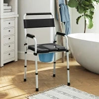 Sedia WC Pieghevole e Regolabile con Braccioli e Schienale, in Acciaio e Pelle PU, 52.5x46x81.5-97 cm, Nero