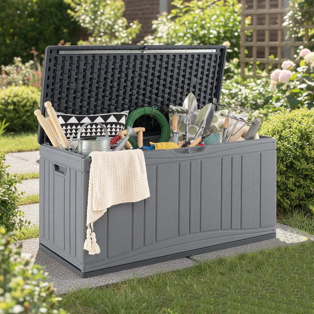 Scatola da giardino impermeabile con coperchio, 300 l, contenitore per cuscini in plastica, contenitore XXL per cuscini, attrezzi da giardino e giocattoli per bambini (grigio)